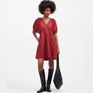 NWT Madewell Puff-Sleeve Mini Dress in Red Poplin M